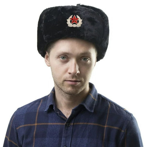 Ushanka-Sombrero ruso de piel para invierno, gorro de soldado extraíble,  cazador, Sombreros con orejeras, aviador con emblema de estrella roja