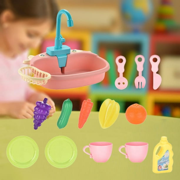 Juguetes para fregadero de cocina, juego de lavavajillas eléctrico rosa con  agua corriente, accesorios de comida y vajilla, juguetes de cocina, juego
