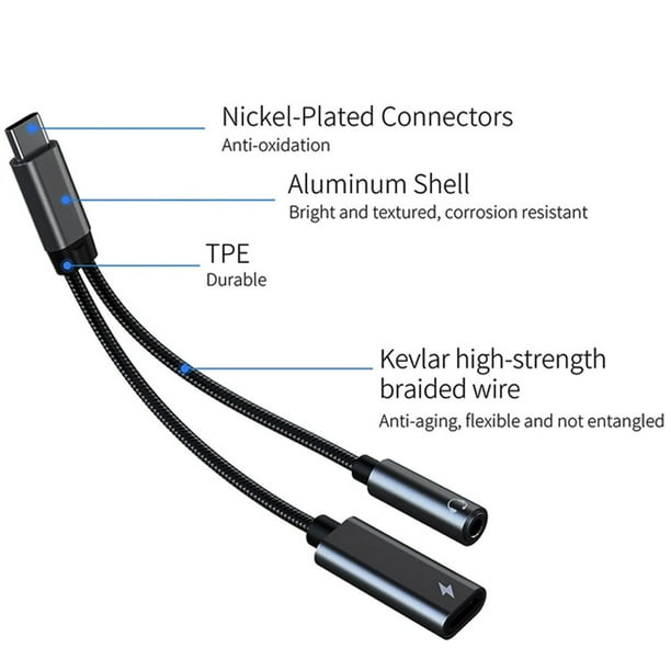 Adaptador de cargador y auriculares USB C a 3.5 mm, puerto de carga USB C  PD 3.0 y conector de audio auxiliar de jack y cable de carga rápida  compatible con Samsung