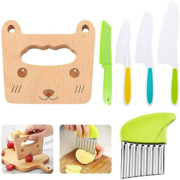 Juego de 6 cuchillos para niños incluye cuchillo de madera para niños  pequeños, cuchillos de nailon para niños para cocina real, herramientas de