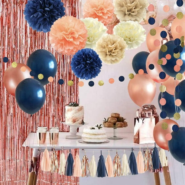 Juego de 32 decoración de fiesta de oro rosa azul marino, globos