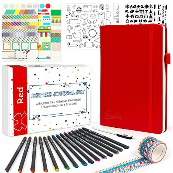 Kit de Diario Punteado, Set de Cuaderno de Planificador Feela para Principiantes, A5, Rojo