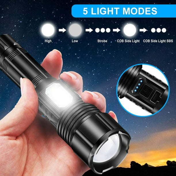 Linterna LED súper potente, linterna CREE P50 recargable por USB, 3000  lúmenes Super brillante 5 modos de iluminación Linterna impermeable con  batería 18650 para acampar Senderismo Ormromra ZYY-0014