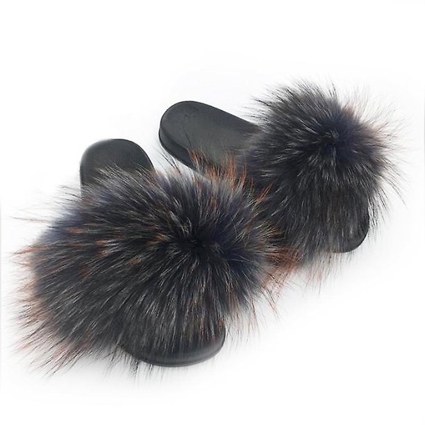 Mimigo Womens Luxury Real Raccoon Fur Slides Slippers Furry