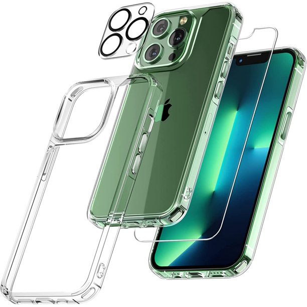 Funda para iPhone 13 Pro con protector de pantalla de vidrio templado y  protector de lente de cámara de 3 capas de protección resistente contra