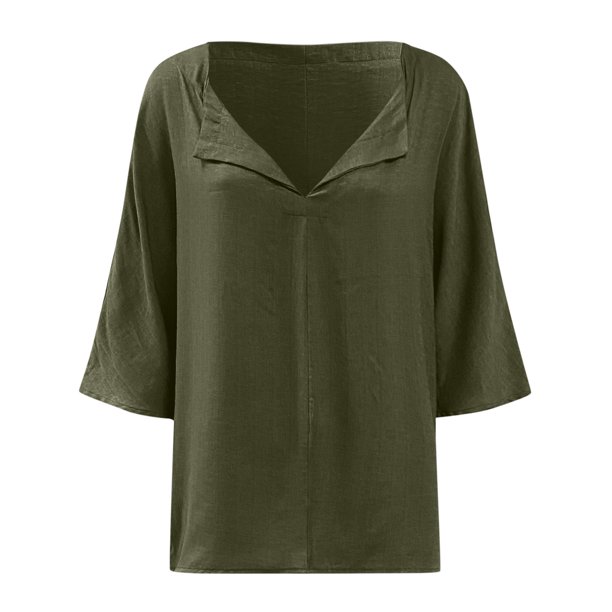 Camisas para mujer, estilo casual, blusas de algodón y lino para mujer,  camisas de manga corta, cuello en V, básicas, color sólido, túnicas