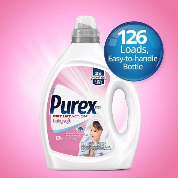 Purex Detergente líquido para ropa para bebé, aroma suave para bebé,  concentrado 2X, 126 cargas
