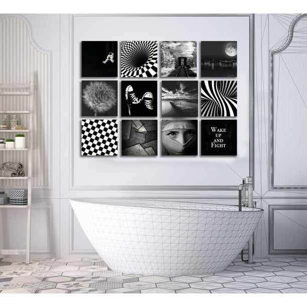 Set De 12 Cuadros Decorativos Para Baño Blanco Y Negro Ideas Creativas  Cuadro sublimado en tela