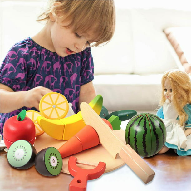  Juego de frutas y verduras de madera, accesorios de cocina para  jugar, juguetes de corte de frutas para niños, cocina de simulación,  juguetes de comida de madera para niños, juguetes educativos