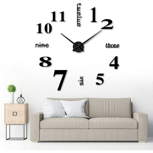  01 Reloj adhesivo de pared, reloj de pared 3D sin marco, fácil  de usar, tamaño grande para decoración de pared, sala de estar (negro) :  Hogar y Cocina