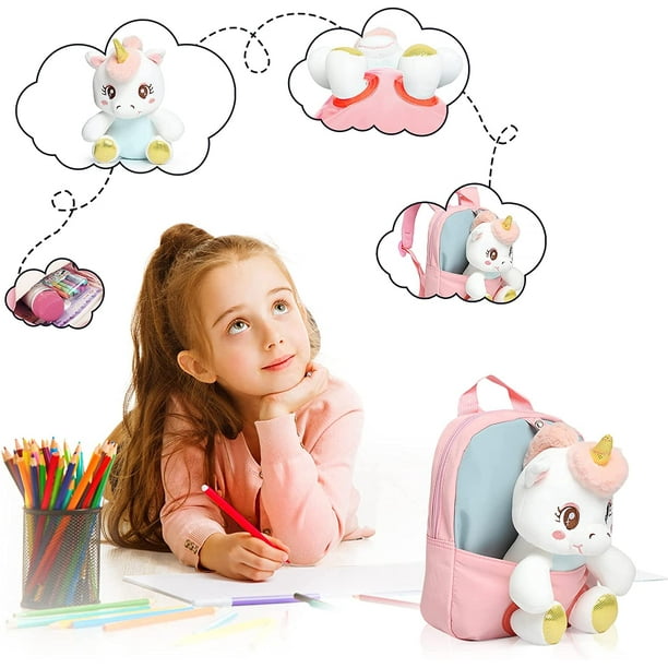 Gloveleya, Unicornio - Mochila de unicornio de peluche para niñas y niños,  juguete de regalo para niños y bebé, color blanco, 9 pulgadas