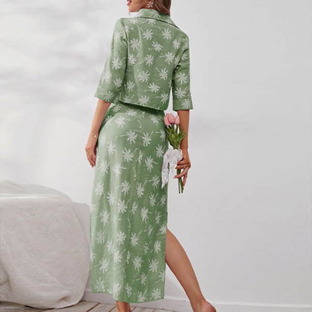 Conjunto De Falda Larga Conjunto de falda larga con estampado de hojas  Estilo elegante Ropa de vacaciones para mujer (Verde S) Ygjytge para Mujer  Verde T M