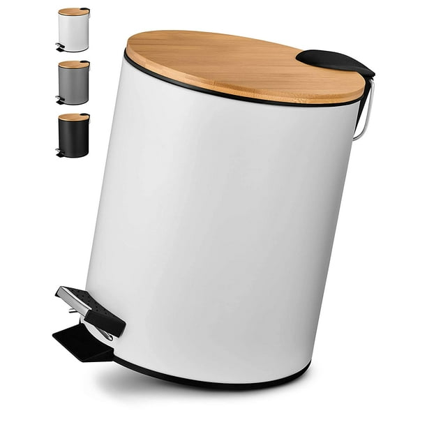 Papelera de baño 3L, Cubo de basura con pedal y cierre suave, Papelera de  diseño elegante con tapa de madera de bambú