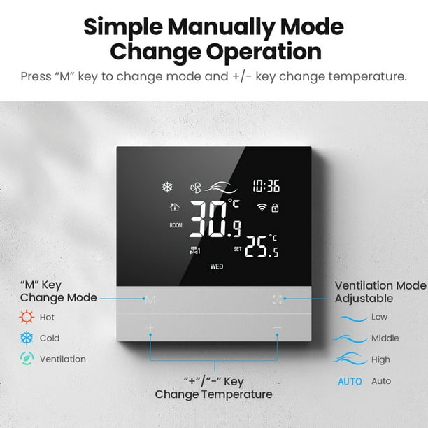 Termostato De Aire Acondicionado Central Controlador de Temperatura Wifi  Pantalla Táctil Lcd Tuya para Alexa (Sin WiFi 4P)