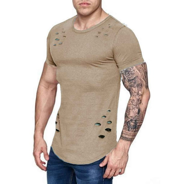Camisetas de cuello redondo sueltas de color sólido rasgadas para hombre Camiseta de manga cur Inevent FS7578-07 Walmart en línea