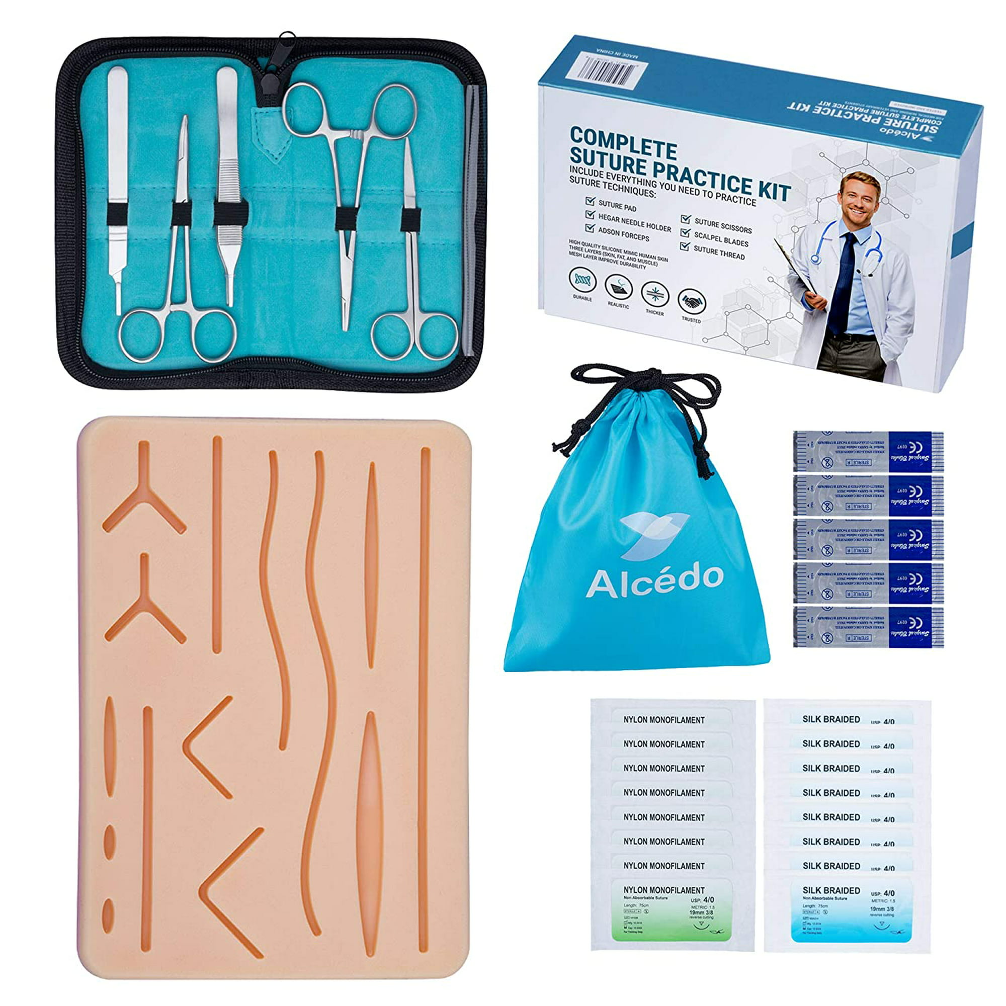 Kit de práctica de sutura para estudiantes de medicina de formación de  suturas | Aguja, hilo, heridas precortadas para educación, emergencia de