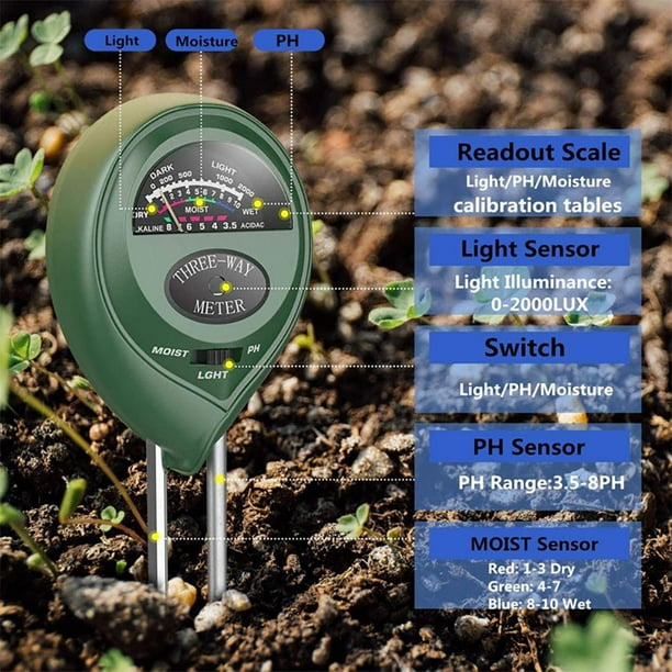  Medidor 3 en 1 con sensor de humedad del suelo, medidor de pH  del suelo, hidrómetro y sensor de luz solar, medidor de humedad de plantas  para jardinería, agricultura, uso en