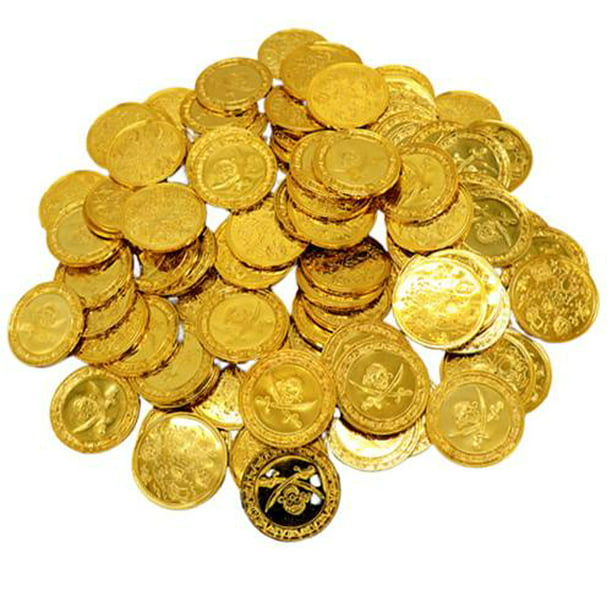 Monedas de pirata de oro de plástico, 100 unidades, monedas de juguete de  oro pirata a granel con tarro de monedas, pequeño juego de plástico dorado