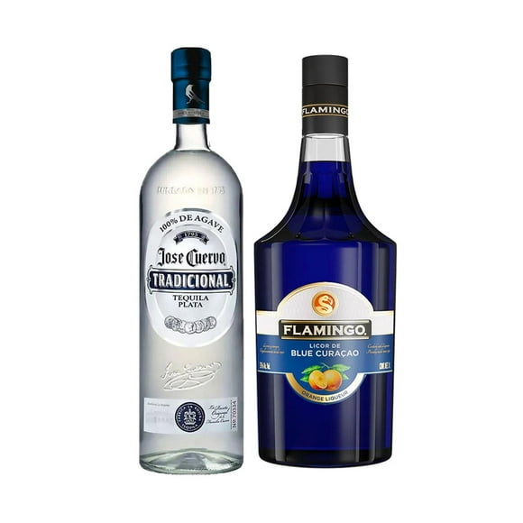 tequila jose cuervo tradicional plata 950 ml  licor flamingo blue curacao 1 l jose cuervo tradicional plata  blue curacao