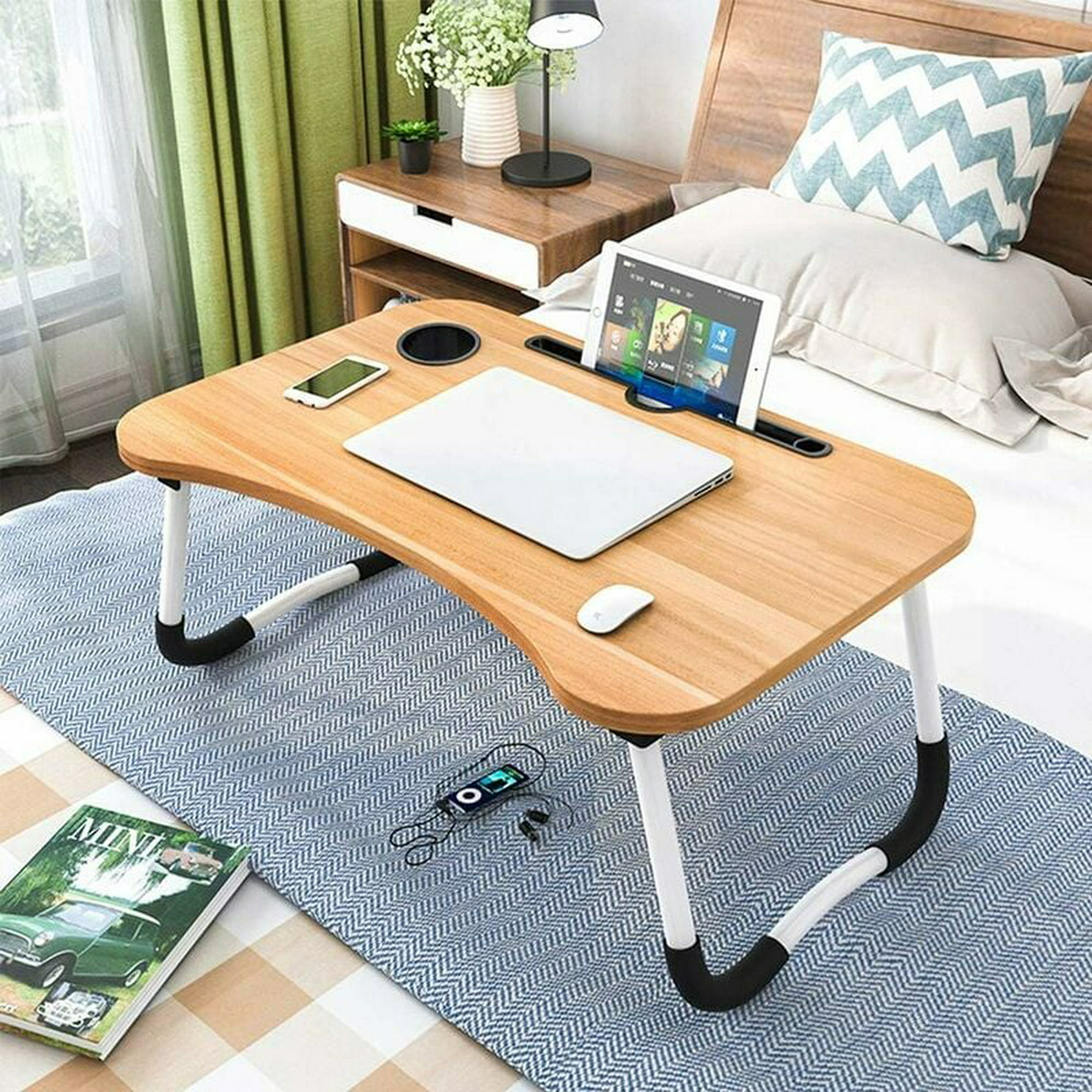 Mesa para portátil, dormitorio con escritorio pequeño, cama con mesa para  portátil, mesa plegable, dormitorio pequeño, con ranura para tazas (60 x 40  cm) Adepaton MZQ-0019-2