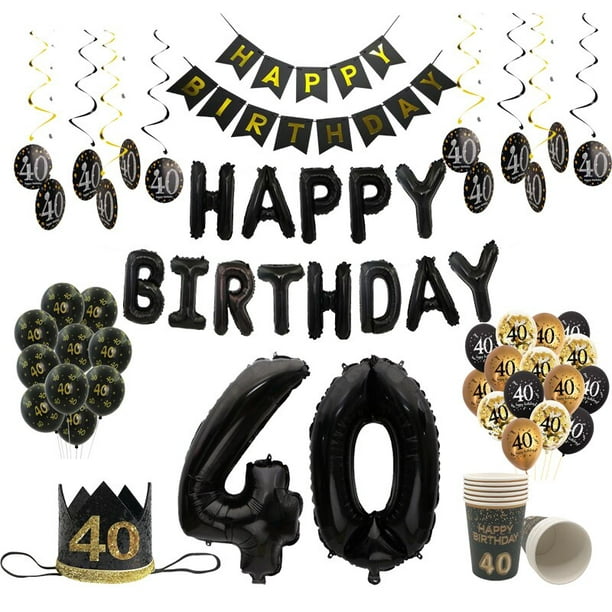Pancarta de Globos de Oro Negro de 40 años, vajilla, suministros de  cumpleaños, decoración de aniversario de fiesta de feliz cumpleaños para  hombre y mujer