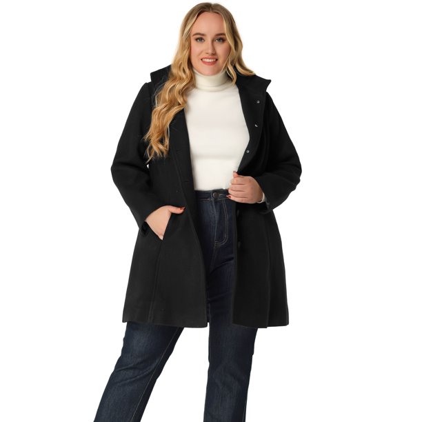 Gabardina de talla grande para mujer elegante abrigo de guisante de invierno de un solo pecho abrigo con capucha desmontable Negro 3X Unique Bargains