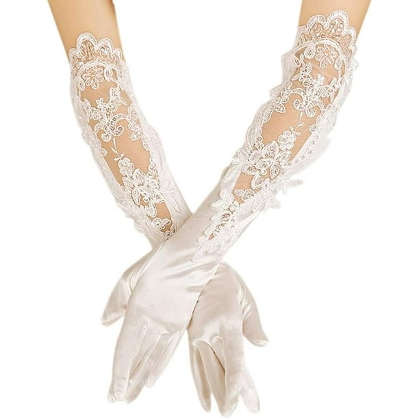 Guantes de boda blancos para mujer, elegantes y largos para novia, guantes  de encaje, guantes cortos de satén para niñas