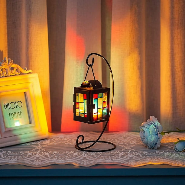 Multicolor Farol de vela decorativo marroquí, adorno de mesa, portavelas  con acento, juego de 2 faroles colgantes vintage para decoración de repisa  del hogar