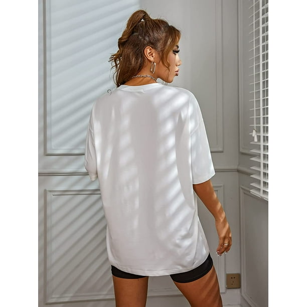 Camiseta larga con estampado de letra de hombros caídos, Moda de Mujer