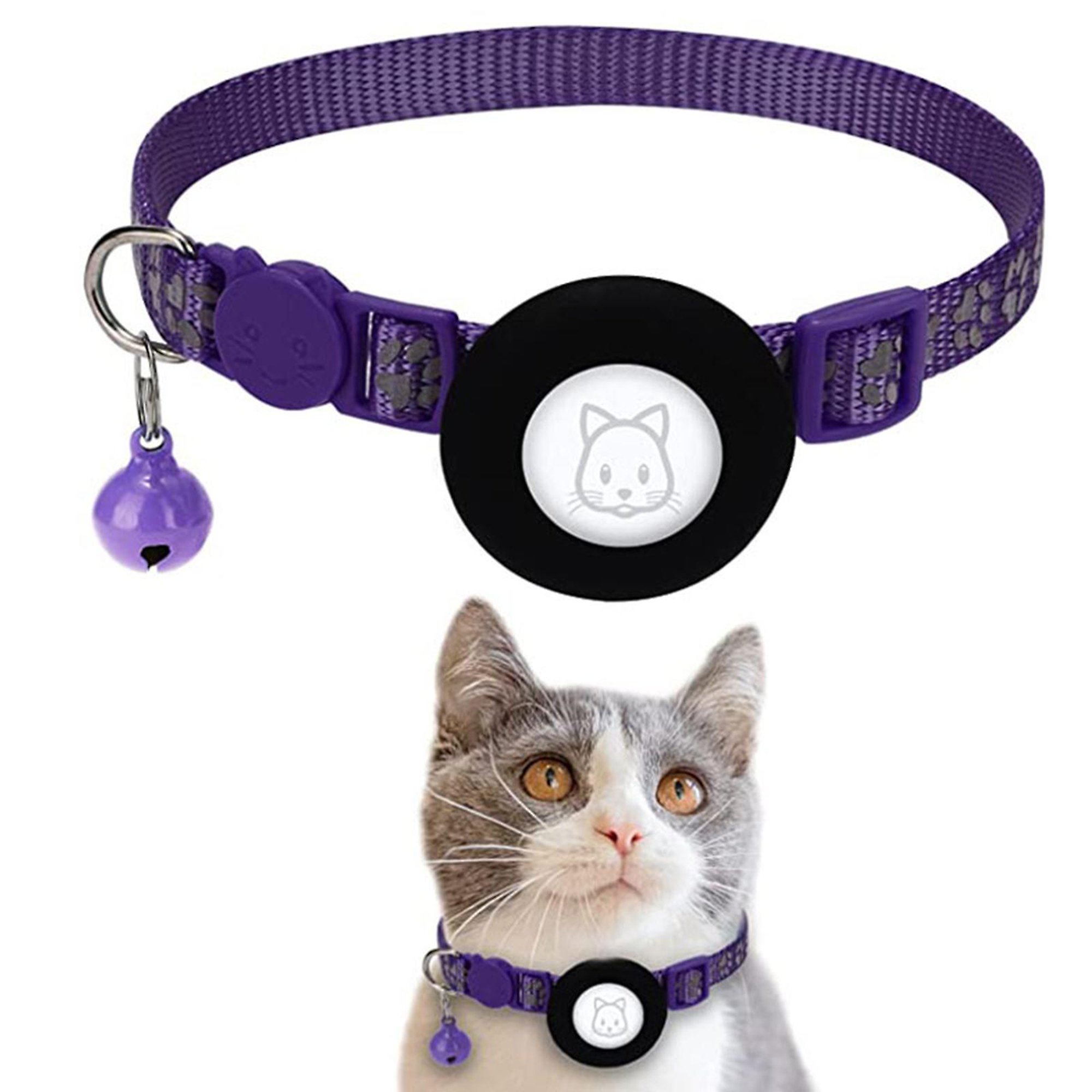 Collar de gato Airtag púrpura, collar de gato reflectante con