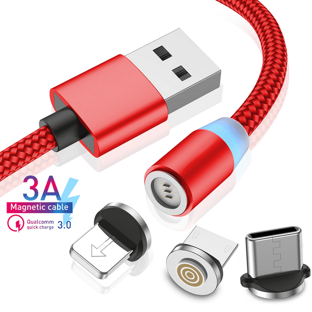 Cable de Carga Magnético 3 en 1, Cable USB Imán de Nylon, Cable de Datos  Magnético, Cable de Carga Rápida para Micro