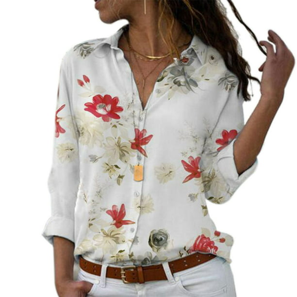 Blusa de manga larga con solapa para mujer Camisa con tops de estilo suelto con estampado floral Inevent FS11378-48 | en línea