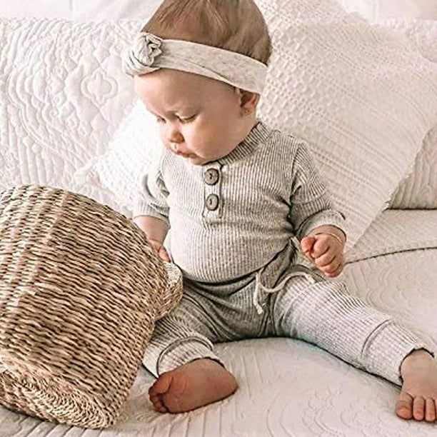 Conjunto de ropa unisex para bebé recién nacido, manga larga, con botones,  pantalones elásticos acanalados, para bebé recién nacido