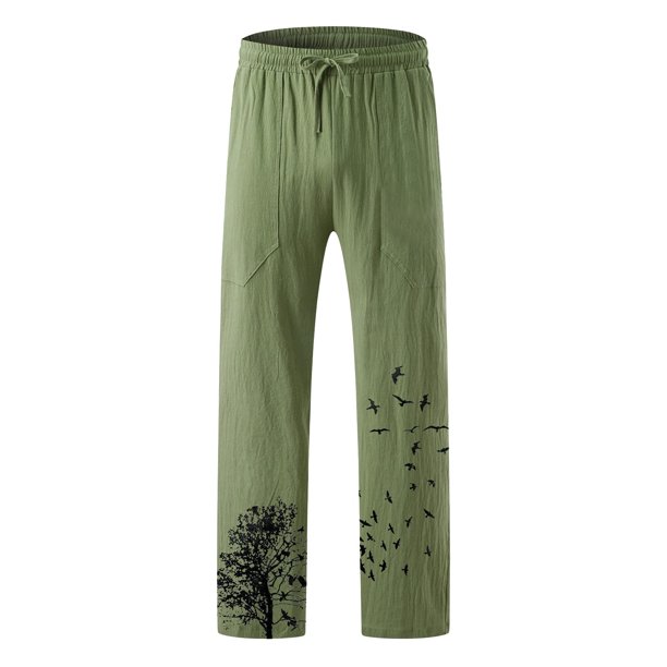 Pantalones de Lino Y Algodón Con Estampado de Pájaros Para Hombre  Pantalones de Yoga Informales Odeerbi ODB-6