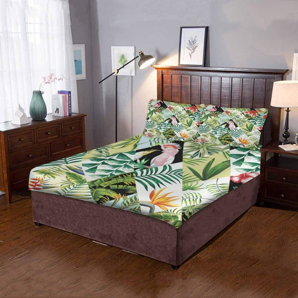 Juego de ropa de cama de 3 piezas con funda de edredón de loros de la selva y rosados con 2 de almohada para la decoración la habitación