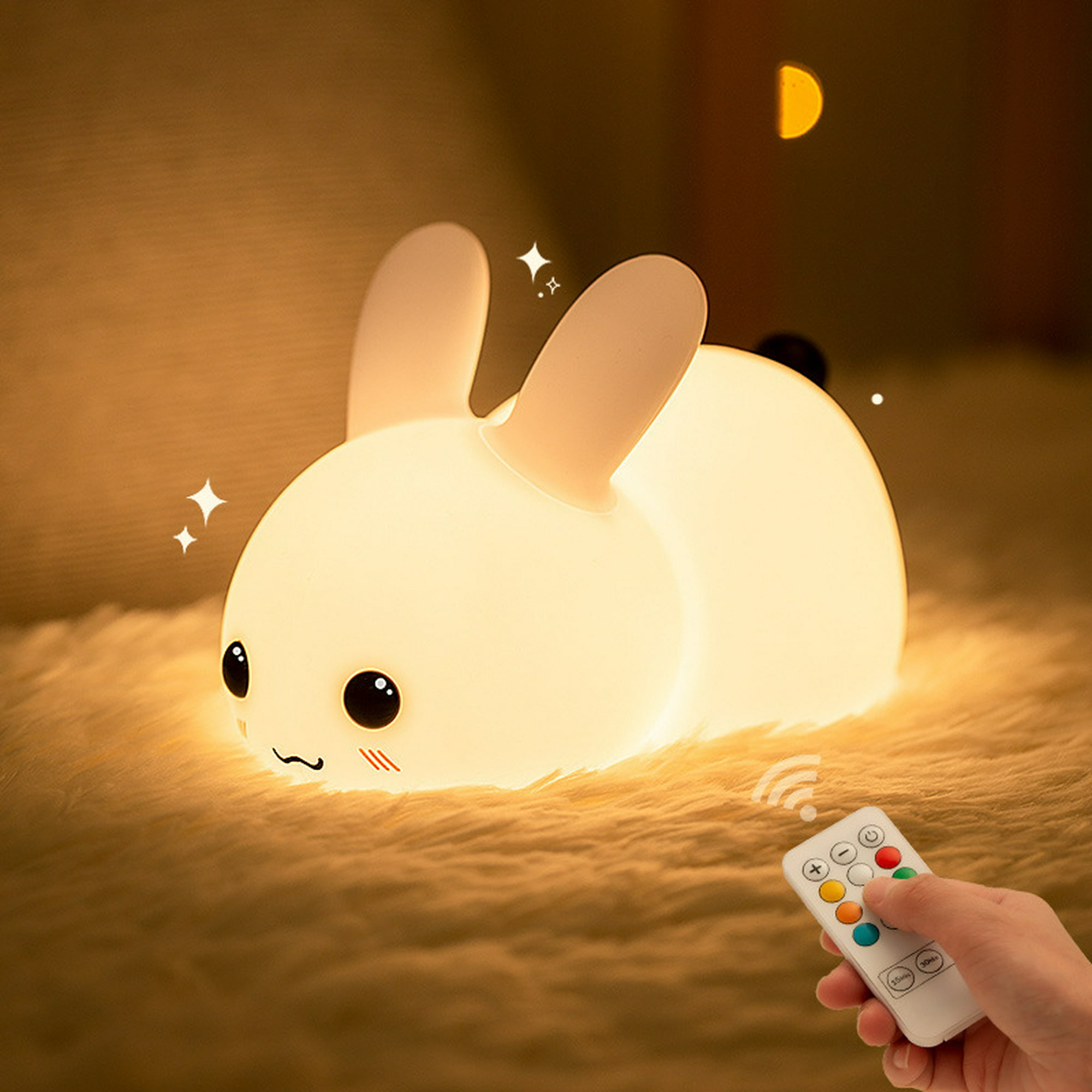 Luz nocturna para niños, bonita lámpara de silicona de conejito esponjoso,  luz de noche de animales Kawaii para mujeres y niñas, decoración LED de