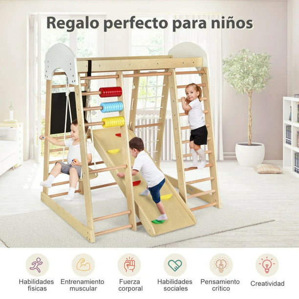 Juguete Parque Infantil para Interior 6 en 1 con Barras Tobogán Cuerda  Escaleras de Madera Juego Escalador para Niños 1+ Años - Costway