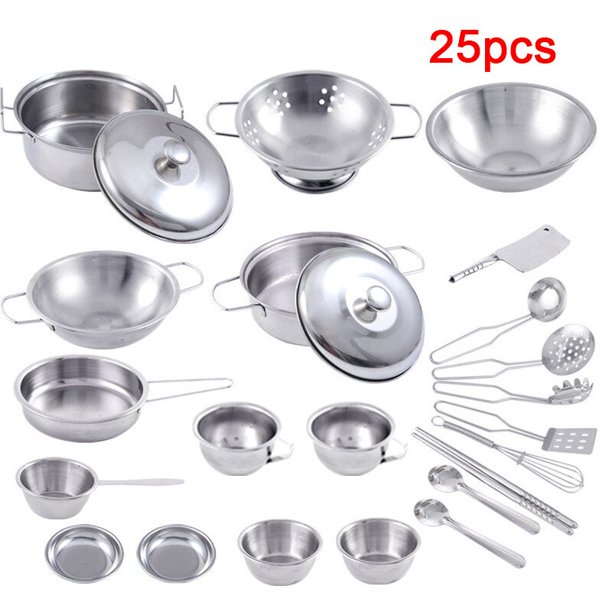 Mini accesorios de juego de simulación de cocina, juego de utensilios de  cocina de acero inoxidable de tamaño pequeño con caja de almacenamiento