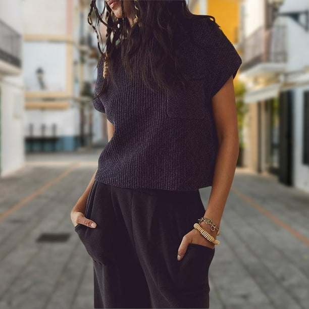 Suéter Jersey de cuello redondo para mujer Jersey de punto informal Suéter  corto Suéter de color sólido Tops Cgtredaw Negro M para Mujer