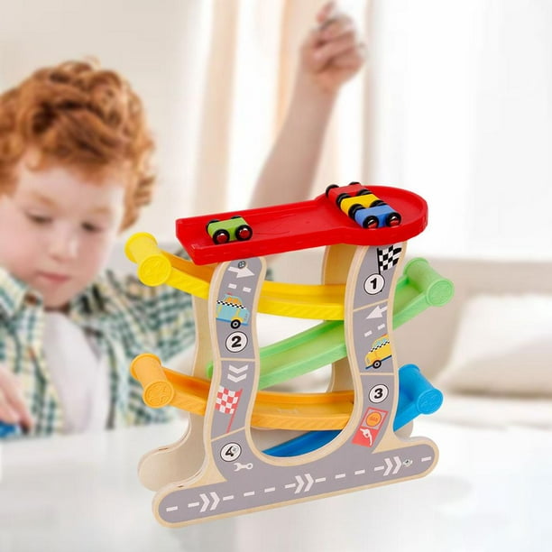 Juguete de rampa de coche para 1 2 regalos de niño de 3 años, juguete de  pista de carreras para niños pequeños con 4 coches de madera y garaje para  3 coches