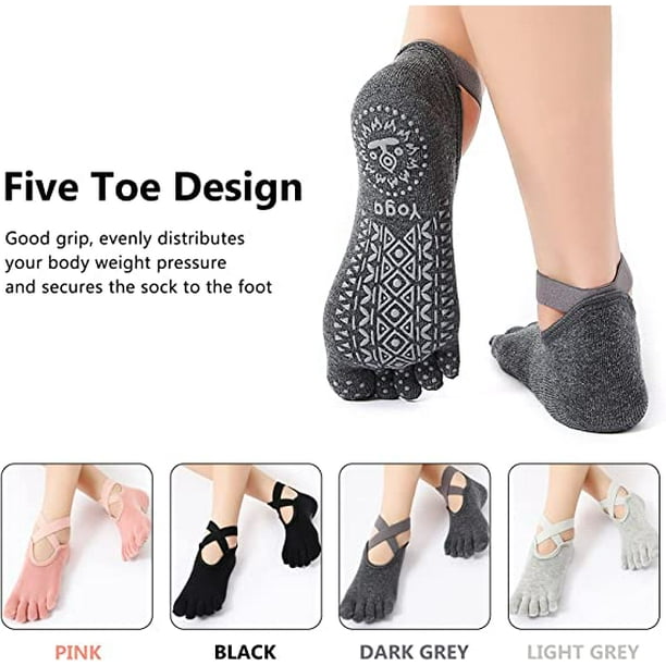 Pengxiaomei 4 pares de calcetines antideslizantes para pilates, calcetines  de yoga para mujer, calcetines de yoga con dedos de los pies, calcetines de