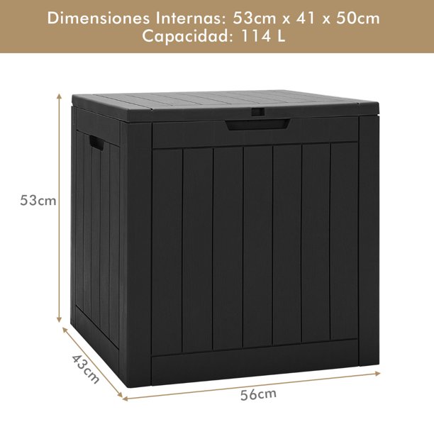 Arcón Jardín 114L Baúl Caja de Almacenaje con Tapa Cerradura Asas  Contenedor Carga 70kg para Patio Terraza Balcón 56 x 43 x 53cm - Costway