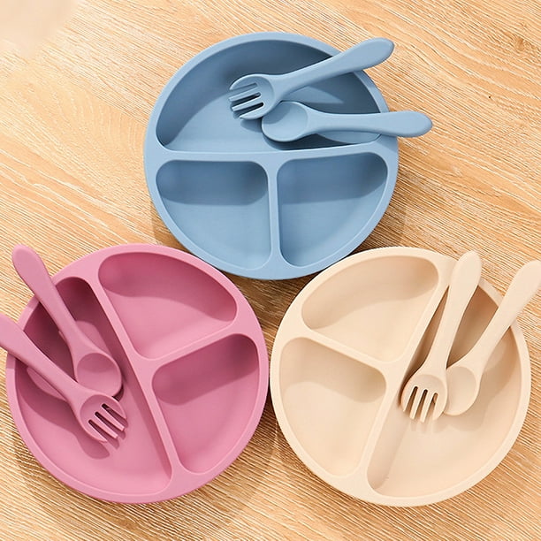 Plato de cena Platos de silicona para bebés, niños pequeños, plato de  autoalimentación para bebés con cuchara y tenedor de silicona, sin BPA,  diseño