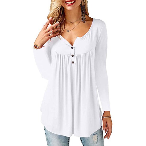 Camisetas de manga larga con botones para mujer, cuello redondo, sexy,  ajustadas, casuales, para otoño, Henley