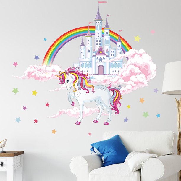 Vinilos decorativos para niños, adhesivos de pared de unicornio, adhesivos  de pared de dibujos animados de unicornio, adhesivos de pared de arcoíris para  niños JM