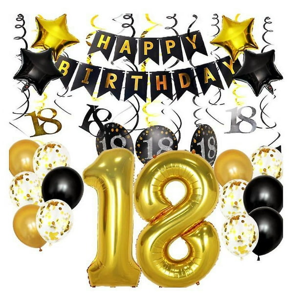 Decoraciones de cumpleaños número 18 para hombres, niños, mujeres y niñas,  decoraciones de cumpleaños negras y doradas para fiestas de cumpleaños 18 y