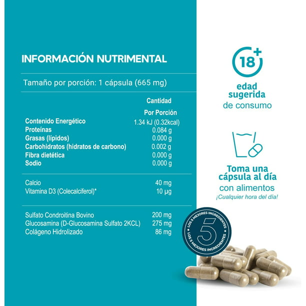 Suplemento alimenticio Lifeed5 con Glucosamina, Condroitina, Colágeno  Hidrolizado, Calcio Y Vitamina D no saborizado 45 cápsulas