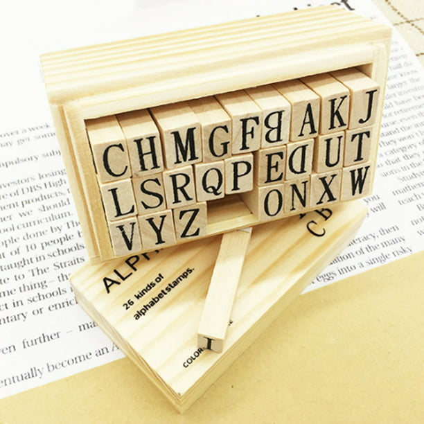 Sellos de letras del alfabeto de madera, caja de madera, álbum