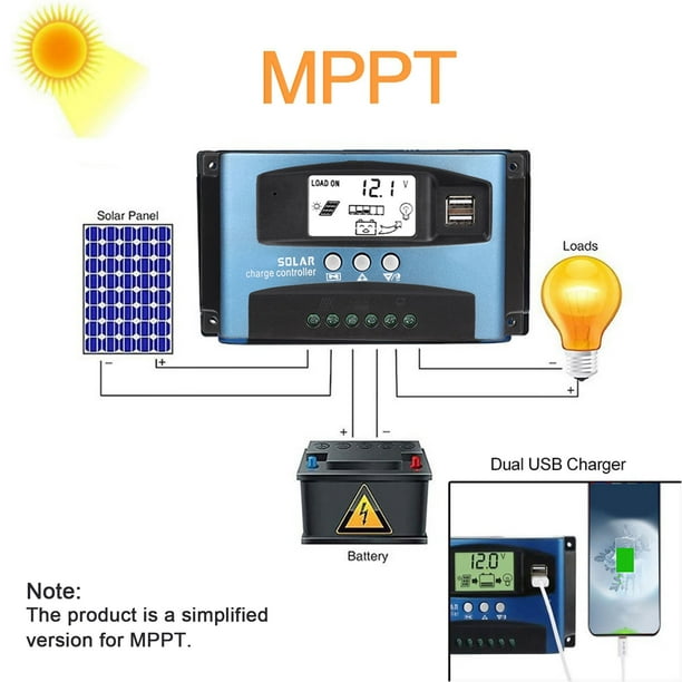 Controlador de carga solar 100A Controlador del panel solar 12V / 24V  Pantalla LCD ajustable Regulador de batería del panel solar con puerto USB
