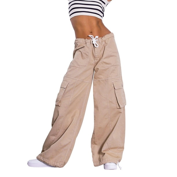 TRKIYQC Pantalones Cargo Casuales para Mujer, Pantalones Largos Sueltos de  Pierna Recta con Cordón de Cintura Baja de Color sólido con Bolsillos  TRKIYQC moda